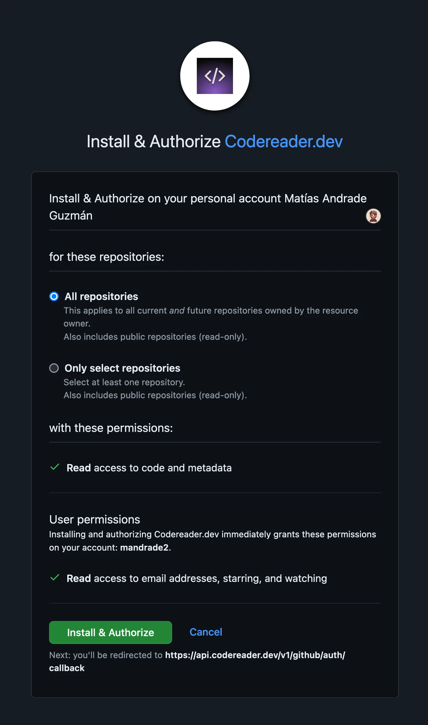 What the user sees when installing the codereader github app.