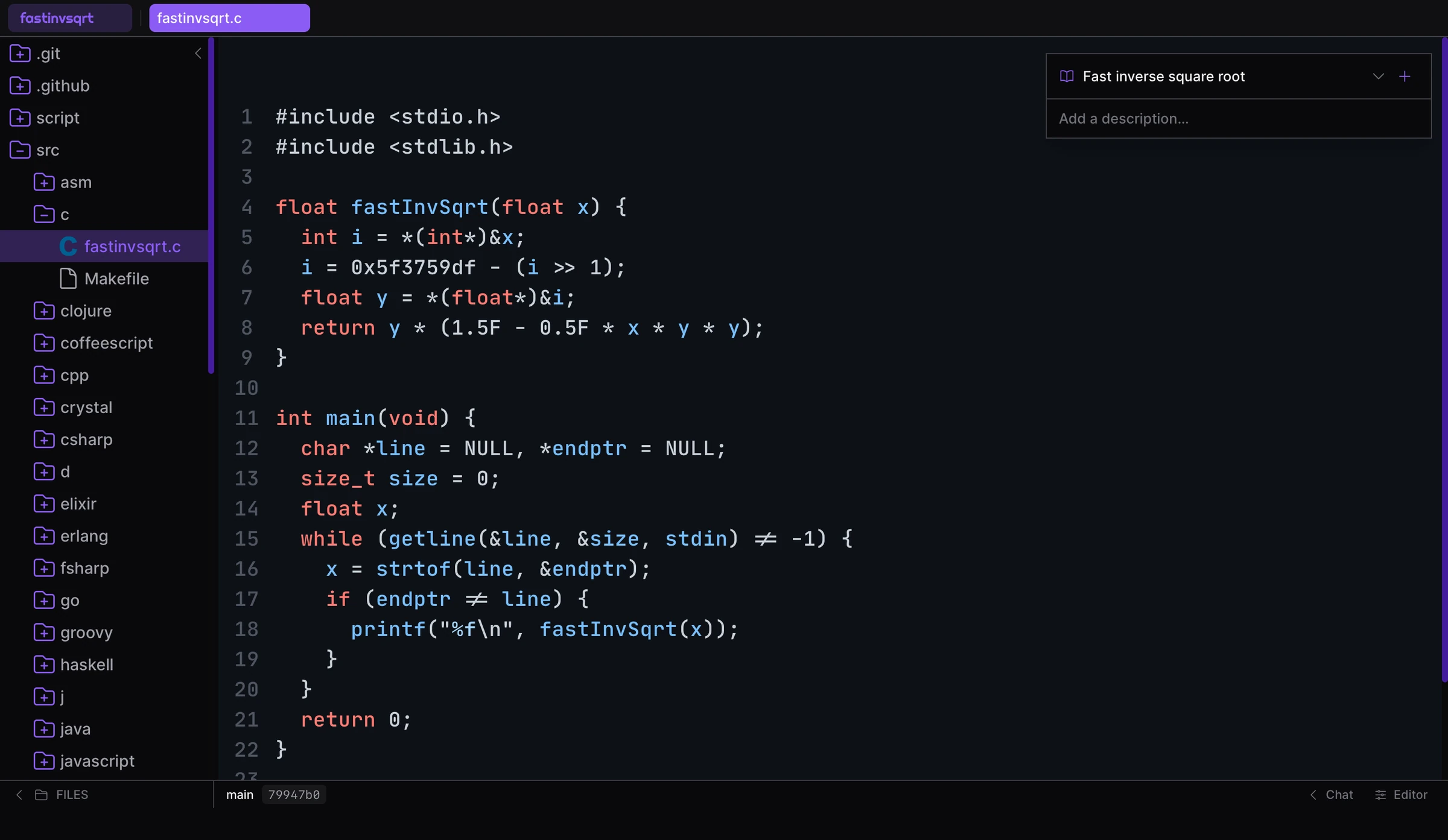 Gitscrolls desktop preview with highlighted C code and a repository file tree